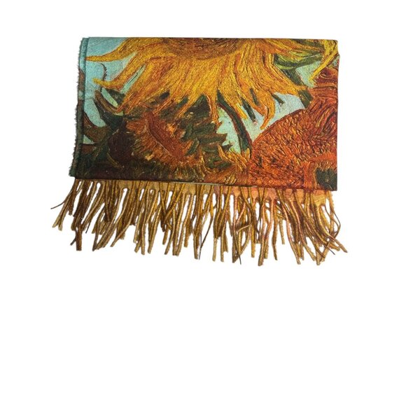 Van Gogh Sunflowers Print Shawl Wrap Scarf With Fringe Edges Lightweight & Versa - Picture 8 of 8